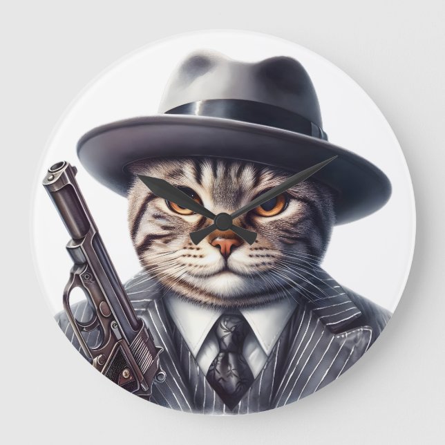 Grande Horloge Ronde Aquarelle Art Chat en costume Cravate Veste et Cas (Recto)