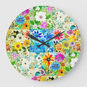 Grande Horloge Ronde Aquarelle Art Patchwork Floral Fleurs