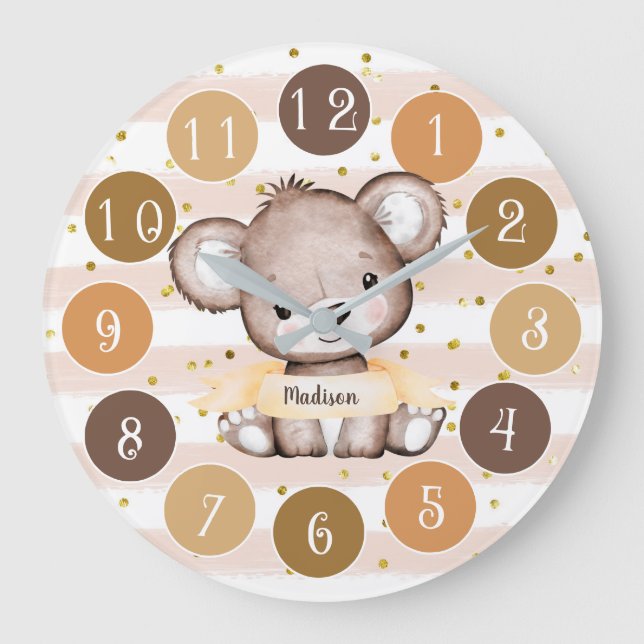 Grande Horloge Ronde Aquarelle Bébé Ours Sexe Neutre (Recto)
