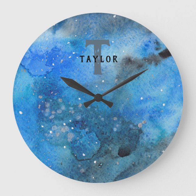 Grande Horloge Ronde Aquarelle bleu Abstrait (Recto)