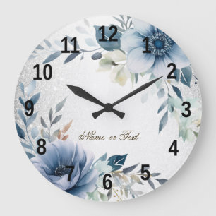 Grande Horloge Ronde Aquarelle bleu foncé Fleurs Argent Élégant