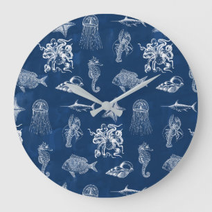 Grande Horloge Ronde Aquarelle bleu marine Océan Animaux marins