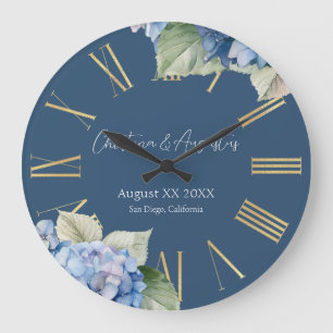 Grande Horloge Ronde Aquarelle bleu romantique Hydrangea Fleurs sur Mar