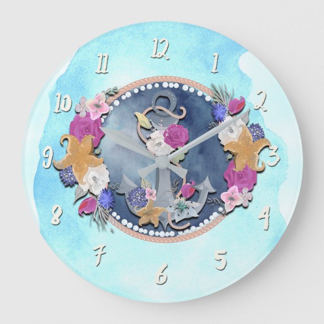Grande Horloge Ronde Aquarelle bleue Ancre florale marine moderne (Recto)