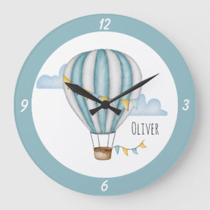 Grande Horloge Ronde Aquarelle Bleue Cute Hot Air Balloon