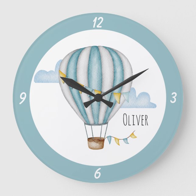 Grande Horloge Ronde Aquarelle Bleue Cute Hot Air Balloon (Recto)