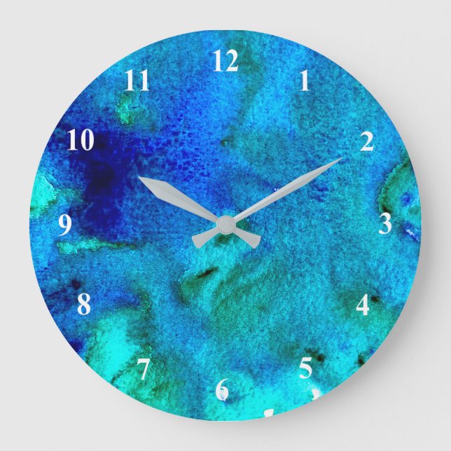 Grande Horloge Ronde Aquarelle bleue Design océanique abstrait (Recto)