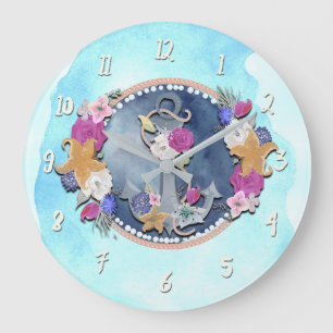 Grande Horloge Ronde Aquarelle bleue moderne florale nautique ancre