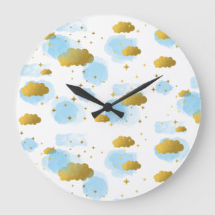 Grande Horloge Ronde Aquarelle bleue Nuages Gold Stars Sky