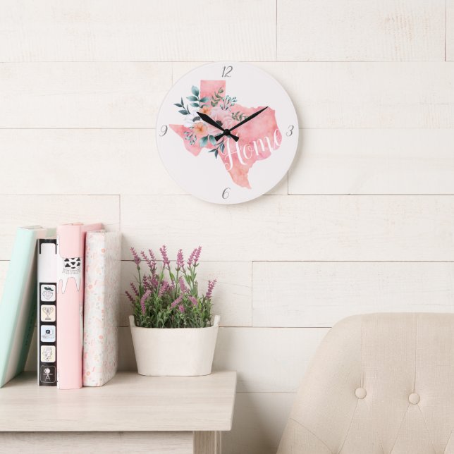 Grande Horloge Ronde Aquarelle Blush Floral Texas Rustique Rose (Salle de lecture)