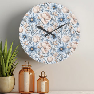 Grande Horloge Ronde Aquarelle botanique Bleu & Blush