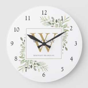 Grande Horloge Ronde Aquarelle botanique Monogramme de verdure Nom