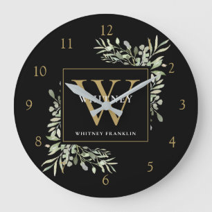 Grande Horloge Ronde Aquarelle botanique Verdure Monogramme Or noir