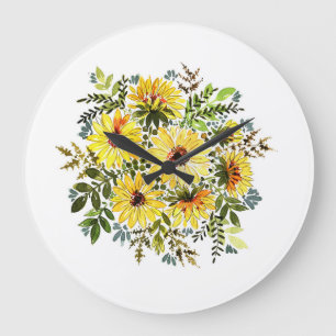 Grande Horloge Ronde Aquarelle Bouquet jaune : Daisy Love