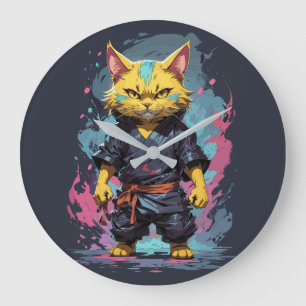 Grande Horloge Ronde Aquarelle cool Jaune Ninja Chat Guerrier