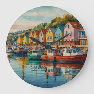 Grande Horloge Ronde Aquarelle Côtière Bateaux du port Maritime