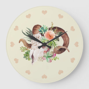 Grande Horloge Ronde Aquarelle Crâne et succulents