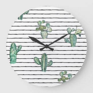 Grande Horloge Ronde Aquarelle de Cactus : Dessin de stylo Vintage.