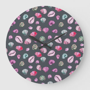 Grande Horloge Ronde Aquarelle de coquillage : Motif bleu foncé