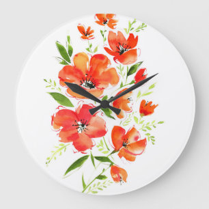 Grande Horloge Ronde Aquarelle de pavot d'ornement : Bouquet isolé