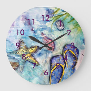 Grande Horloge Ronde Aquarelle de thème de plage de bascule