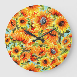 Grande Horloge Ronde Aquarelle de tournesol : Illustration transparente
