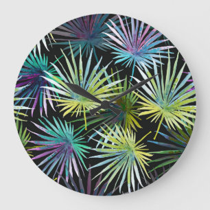 Grande Horloge Ronde Aquarelle Exotique Palm Feuille