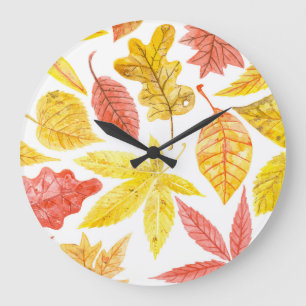 Grande Horloge Ronde Aquarelle feuilles d'automne, motif coloré.