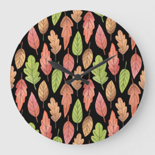 Grande Horloge Ronde Aquarelle feuilles d'automne : motif transparent