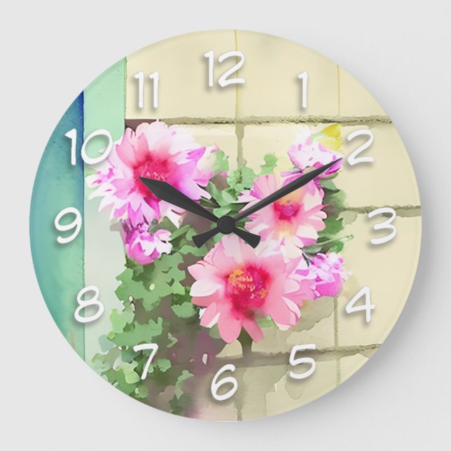 Grande Horloge Ronde Aquarelle Fleurs roses (Recto)