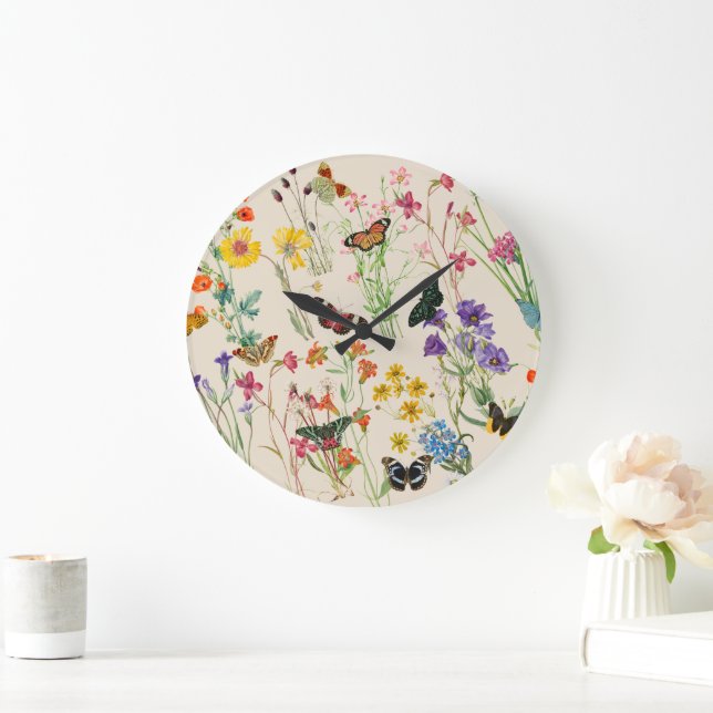 Grande Horloge Ronde Aquarelle Fleurs sauvages & papillons Jardin Flora (Maison)