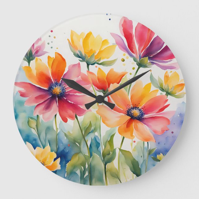 Grande Horloge Ronde Aquarelle Florale (Recto)