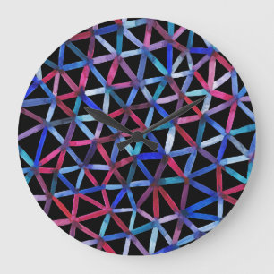 Grande Horloge Ronde Aquarelle Géométrique : Triangles Grille Motif.
