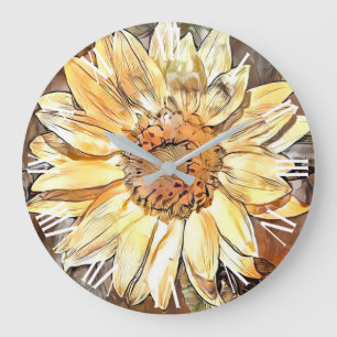 Grande Horloge Ronde Aquarelle Glossy Sunflower Elegance Collection