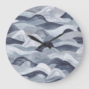 Grande Horloge Ronde Aquarelle Indigo Vague sans fil