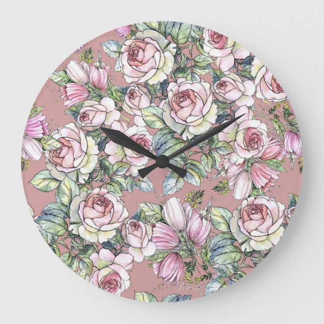 Grande Horloge Ronde Aquarelle Jardin : Rose Tulip Elégance. (Recto)