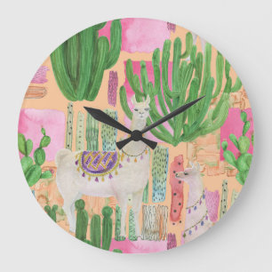 Grande Horloge Ronde Aquarelle lamas, cactus : motif sans couture.