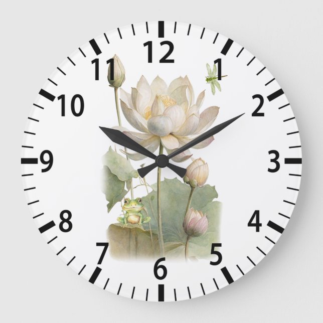 Grande Horloge Ronde Aquarelle Lotus Flowers, Grenouille et libellule (Recto)