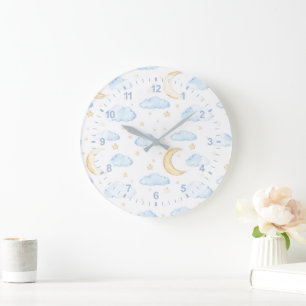 Grande Horloge Ronde Aquarelle Lune étoiles et nuages Motif