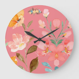 Grande Horloge Ronde Aquarelle moderne élégante rose
