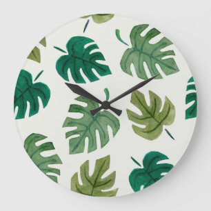 Grande Horloge Ronde Aquarelle Monstera : Texture verte sans joint.