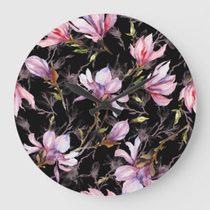 Grande Horloge Ronde Aquarelle noire Arrière - plan rose Magnolia