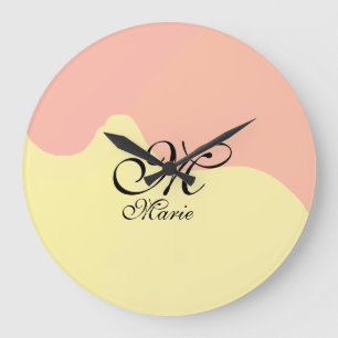 Grande Horloge Ronde Aquarelle orange jaune rétro ajouter votre monogra