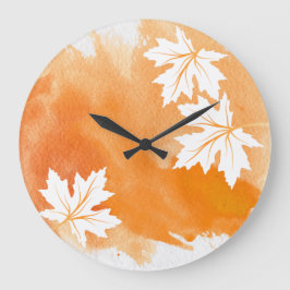 Grande Horloge Ronde Aquarelle orange moderne et feuilles d'érable