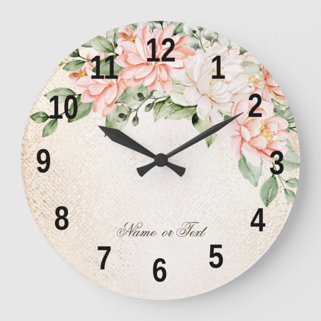 Grande Horloge Ronde Aquarelle Pêche Fleurs blanches Élégant (Recto)