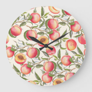 Grande Horloge Ronde Aquarelle pêche, motif floral transparent.