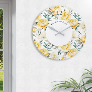 Grande Horloge Ronde Aquarelle Personnalisée Fleurs Jaunes Élégantes