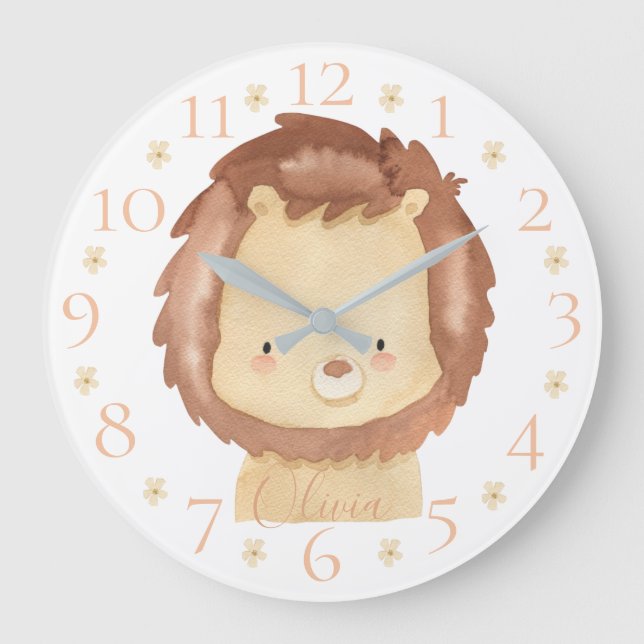Grande Horloge Ronde Aquarelle personnalisée mignonne Lion bébé avec no (Recto)