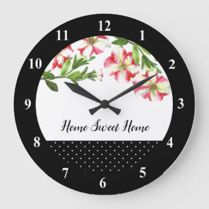 Grande Horloge Ronde Aquarelle Pink and White Petunias Polka Dot