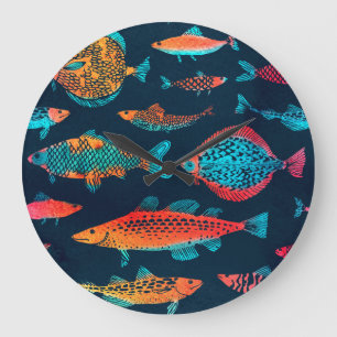 Grande Horloge Ronde Aquarelle Poissons : Bleu Profond Sans Mer